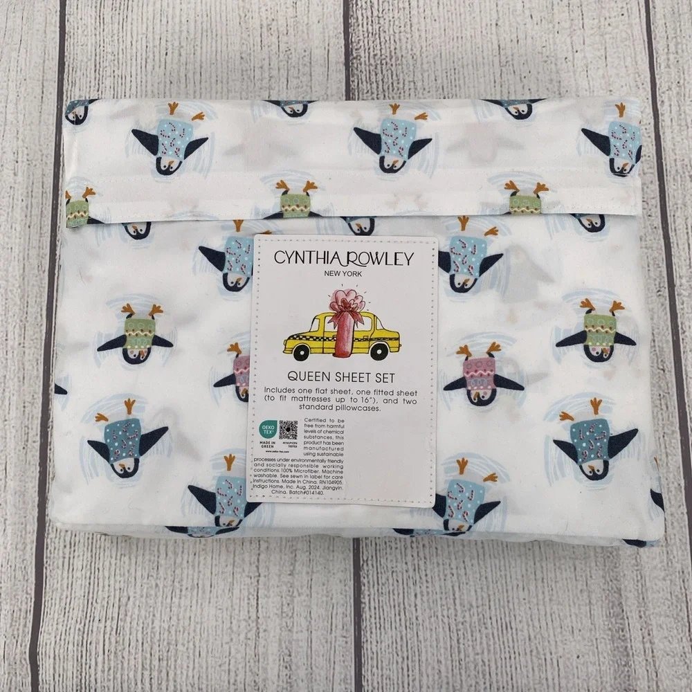 Cynthia Rowley Sheet Set QUEEN White Penguins Christmas Sweater Whimsical Soft